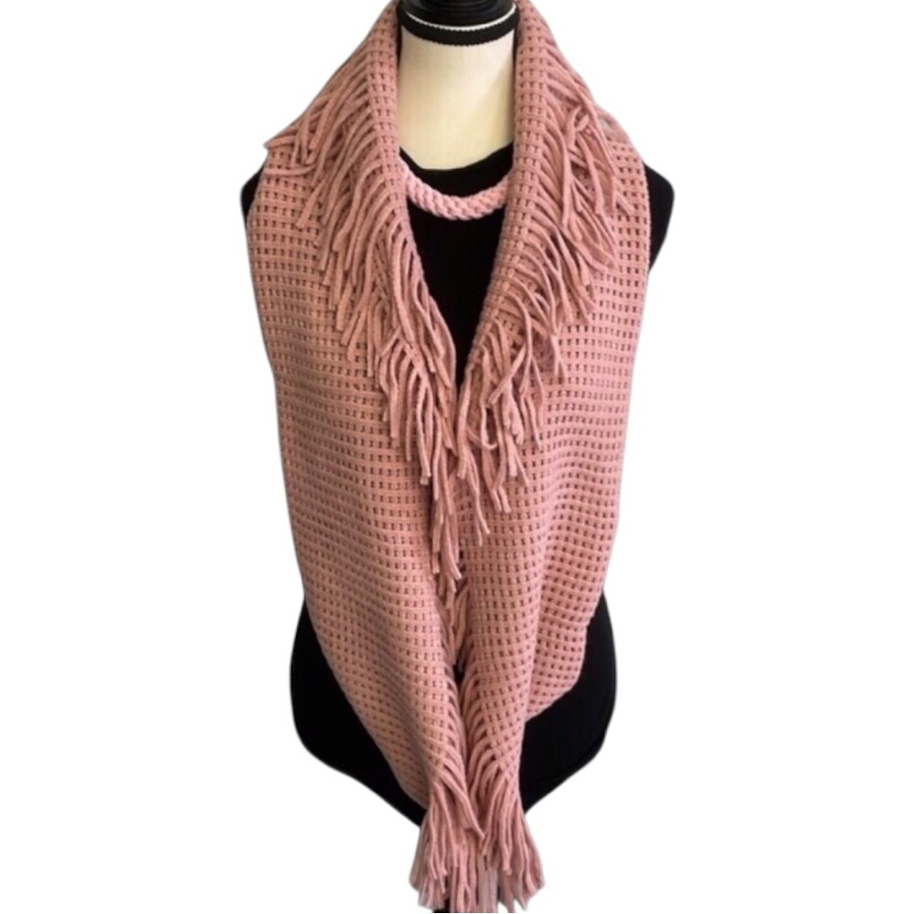 Pink Fringed Knit Scarf